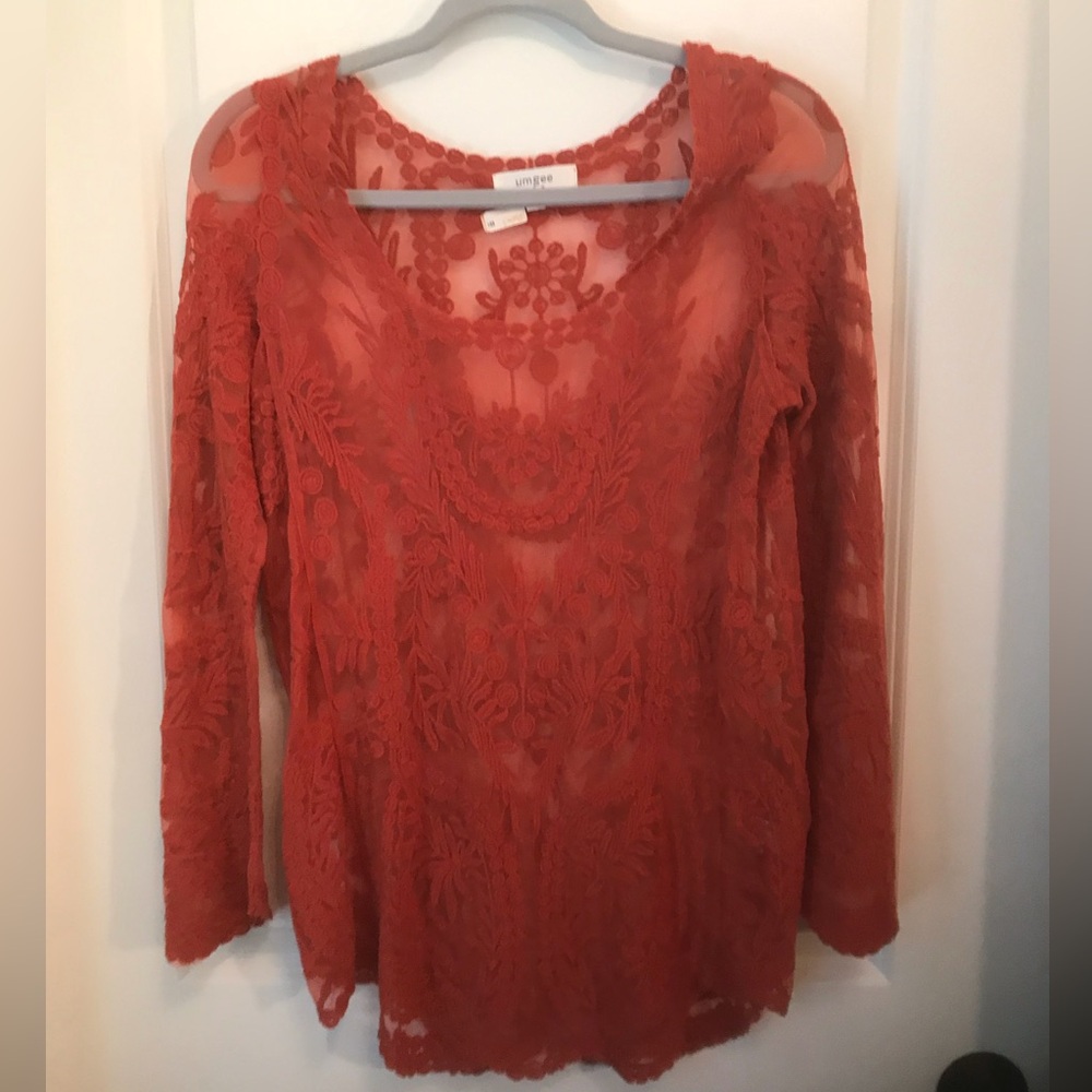 NWTS Women’s Umgee Cinnamon Sheer Lacy Long Sleeve Top